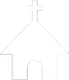 Icon of a simple church. The church is illustrated with a triangular roof, an arched doorway, and a cross on top of the roof. The design is minimalist and uses a white silhouette on a transparent background.
