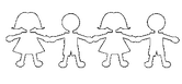A simple, white paper doll chain illustration of two girls and two boys holding hands on a black background. The figures alternate between boys and girls, each with roughly cut-out features.